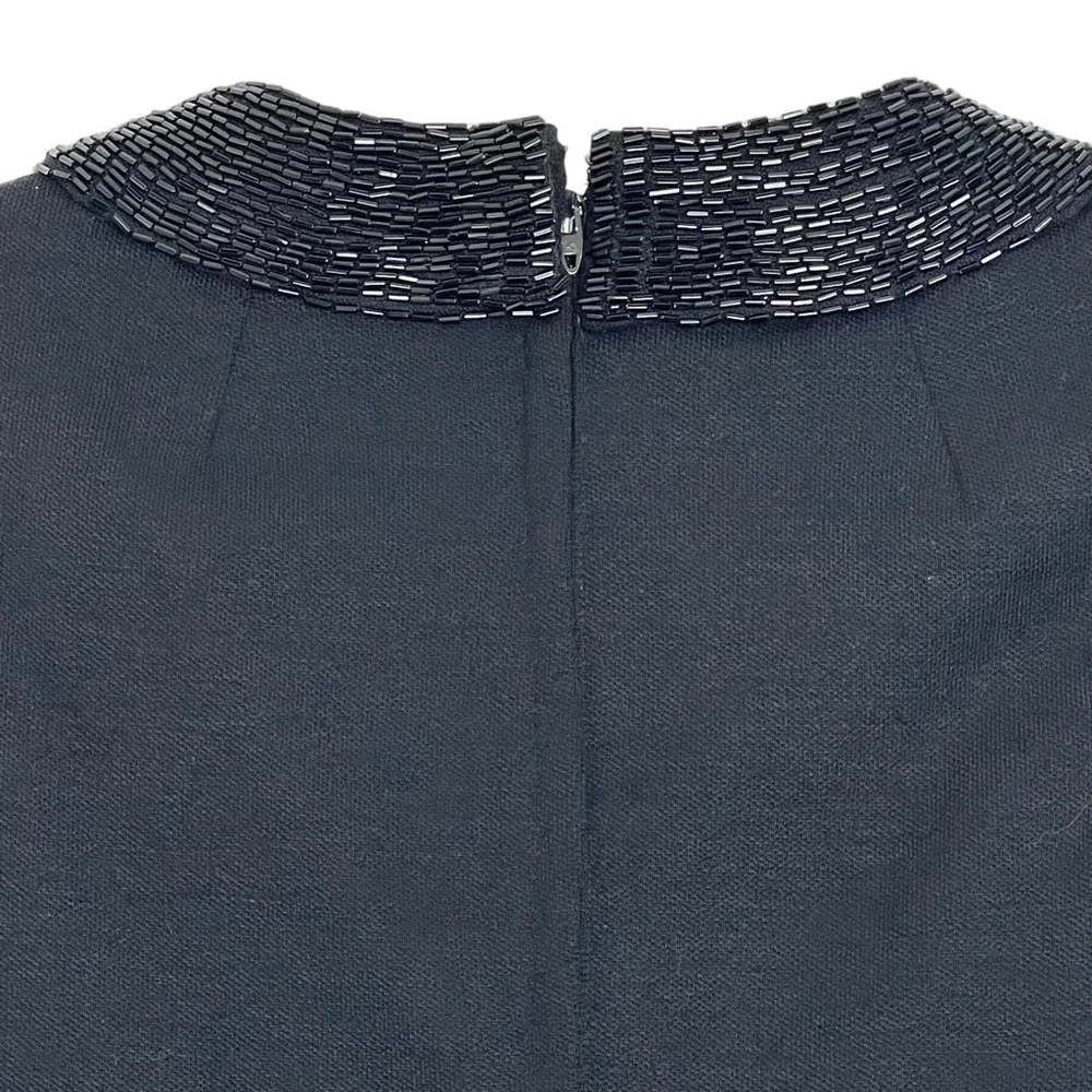 Vintage Black Beaded V-Neck Collar‎ Knit Mid Length Sheath Dress LBD